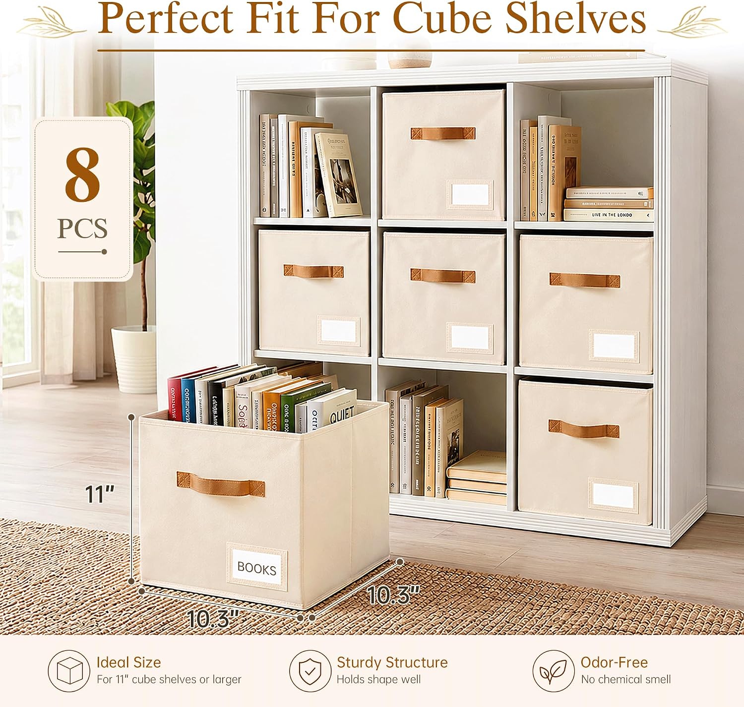 Storage Cubes 8 Pack. 11 Inch Fabric Storage Cubes Organizer Bins with Labels. Odor-Free & Sturdy PP Structure. Cubby Baskets for Closet. Shelves. Toys & Nursery (Beige) - Image 2